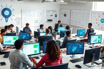 Jovens aprendendo sobre inteligência artificial para aplicar em empresas.