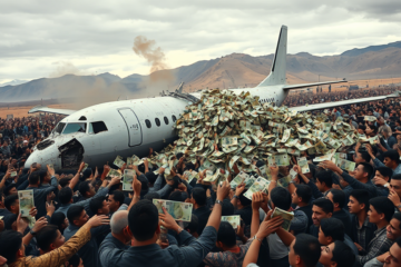 Imagem de um avião de carga militar com cédulas no chão após o acidente, ilustrando o caos gerado pela queda.