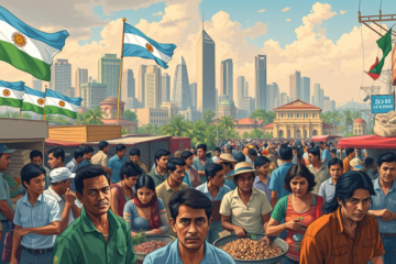 Infográfico sobre projeções de crescimento econômico na América Latina e Caribe para 2026, destacando a informalidade do trabalho e os desafios macroeconômicos.