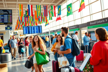 Brasileiros aproveitam a queda do dólar para viajar mais ao exterior, com aumento do poder de compra.