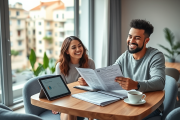 Casal jovem conferindo documentos e informações após inscrição no Programa Lar Doce Lar em apartamento moderno e bem iluminado