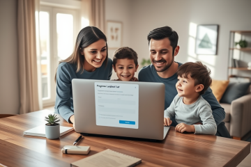 Família em ambiente doméstico moderno e iluminado, revisando inscrição do Programa Lar Doce Lar no laptop com expressão positiva