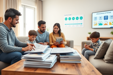 Família em sala de estar moderna revisando as próximas etapas do Programa Lar Doce Lar com documentos e tablet em ambiente iluminado e acolhedor