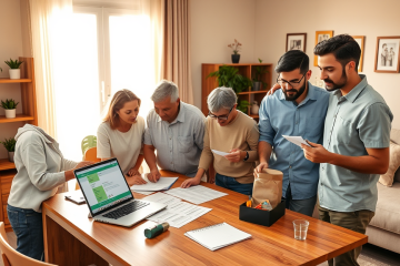 Grupo de pessoas em ambiente doméstico aconchegante registrando-se no Programa Lar Doce Lar, mostrando etapas e apoio