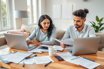 Jovem casal em sala moderna focado em inscrições do Programa Lar Doce Lar com laptops, formulários e anotações para aumentar chances