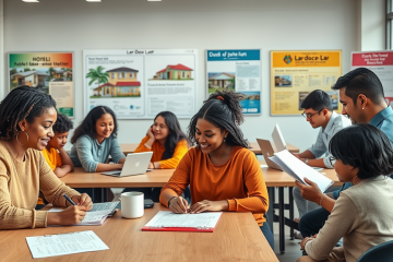 Jovens e famílias participando do processo de seleção Lar Doce Lar em centro comunitário moderno, preenchendo formulários e interagindo com equipe