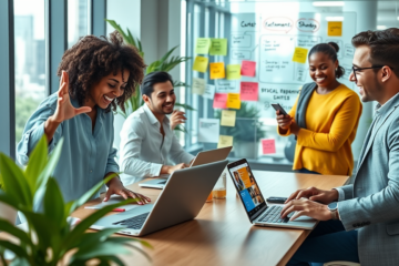 Equipe diversificada em ambiente moderno discutindo estratégias para engajamento para aumentar comentários e compartilhamentos