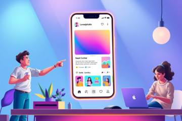 Jovens interagindo animadamente com posts coloridos em uma tela de smartphone moderna para atrair mais atenção no feed digital