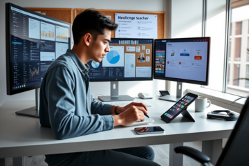 Profissional jovem usando múltiplos monitores em escritório moderno planejando estratégias para farmar aura com mais alcance sem copiar criadores