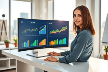 Analista de marketing digital em escritório moderno analisando métricas de SEO e eCPM em tela grande com gráficos coloridos