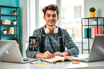 Jovem adulto em ambiente moderno com smartphone e laptop usando guia rápido para lucrar com tendência do TikTok