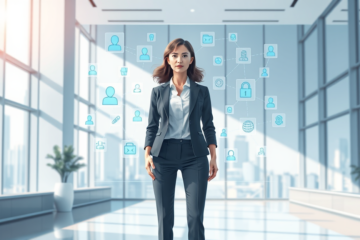 Profissional feminina usando interface holográfica para gestão de identidade digital e fortalecimento de marca com autoridade