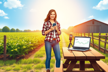Jovem agricultora sorridente em uma fazenda iluminada pelo sol, segurando smartphone com equipamento de criação de conteúdo para aumentar o engajamento no TikTok