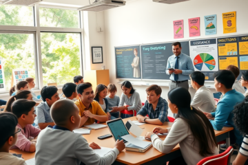Imagem representativa da inclusão da educação financeira nos currículos escolares, com foco em exercícios práticos de finanças.