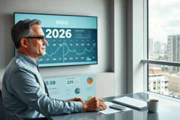 Homem brasileiro interage com tela digital sobre mudanças no INSS 2026 em ambiente de escritório moderno