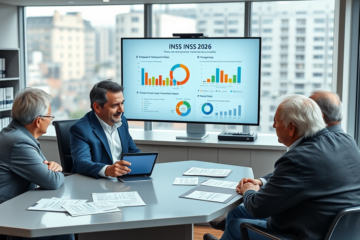 Consultoria profissional sobre INSS 2026 para aposentadoria em escritório moderno com cliente atento e gráficos explicativos