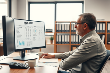 Homem consultando informações do INSS 2026 em escritório moderno, visualizando regras, reajustes e novidades no computador