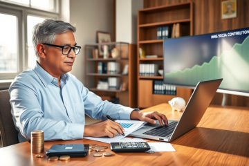 Homem adulto em escritório moderno revisando documentos financeiros e gráficos para contribuição ao INSS e aumento do benefício futuro