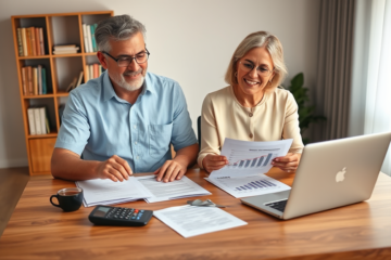 Casal brasileiro revisando benefícios do INSS corrigidos numa mesa em escritório moderno com documentos e laptop