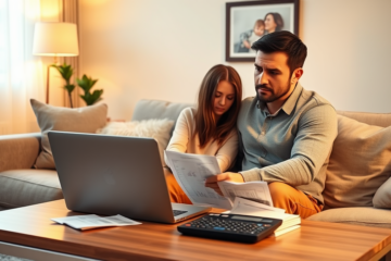 Casal conversando sobre finanças e divisão de despesas em casamento.