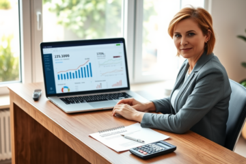Mulher profissional analisando planilha financeira no laptop sobre NZ Super com desconto em escritório moderno e iluminado