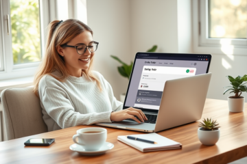 Mulher jovem acompanhando o andamento do pedido NZ Super online em laptop, sentada em escritório iluminado e organizado