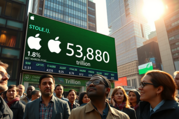 Gráfico mostrando a valorização das ações da Apple e seu valor de mercado histórico de US$ 5 trilhões.