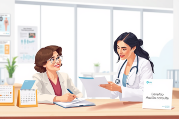 Mulher em consulta médica recebendo explicações sobre benefício auxílio consulta em ambiente clínico claro e acolhedor