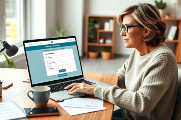 Mulher em ambiente doméstico verificando online solicitação de benefício com laptop e documentos na mesa organizada