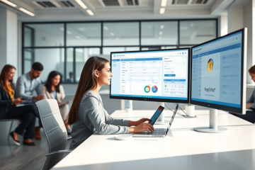 Profissional atualizando cadastro digital em ambiente moderno e seguro para agilizar consultas com mais eficiência