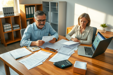 Homem e mulher organizando documentos oficiais para consultar benefício em escritório com luz natural e ambiente organizado