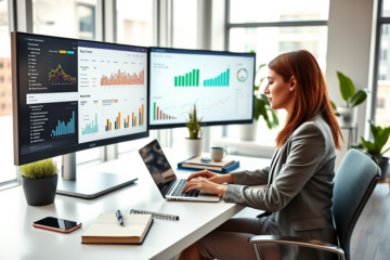 Profissional trabalhando em escritório moderno com telas exibindo análises de SEO para melhorar resultados e estratégias digitais