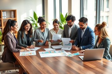 Equipe profissional diversa analisando gráficos e documentos para aumentar aprovação de benefícios sociais em escritório moderno
