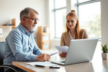 Consulta do benefício em ambiente de escritório moderno com homem e mulher verificando informações no laptop e documentos